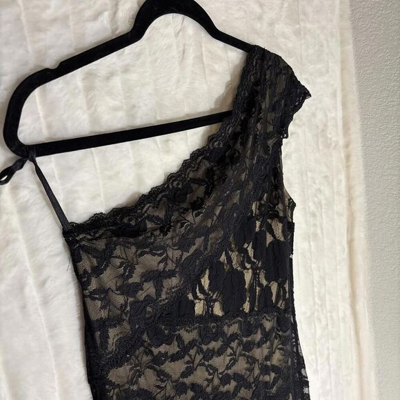 ONYX NITE Black Lace One Shoulder Nude Slip Sheath Party Dress Medium M 18” ptp - Picture 6 of 7